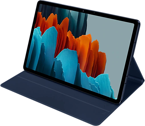 Un étui de tablette bleu avec une tablette à l'intérieur, affichant une image abstraite colorée.