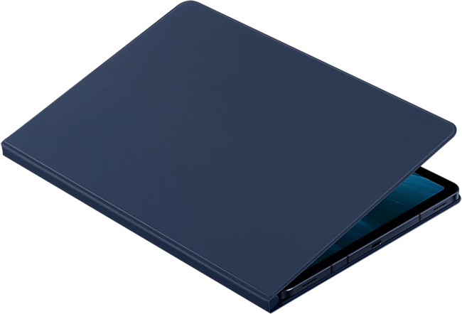Une housse de tablette bleu foncé, partiellement ouverte.
