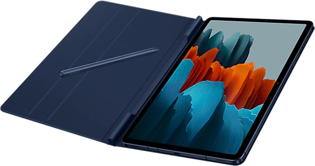 Tablette bleu foncé avec stylet et housse. Elle est sur un fond blanc.