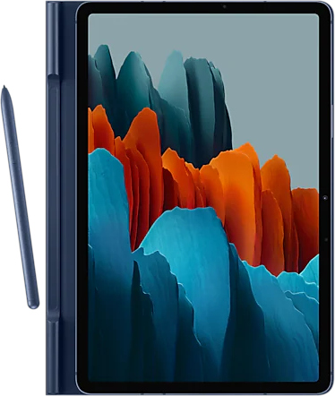 Une tablette bleue avec un stylet. La tablette a une couverture bleue et affiche un paysage numérique.