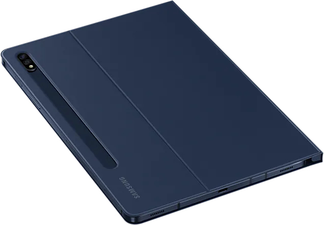 Une housse de tablette bleue, partiellement ouverte. La housse est bleu foncé, et la tablette est visible.