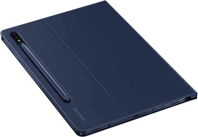 Tablette bleue avec stylet et étui.