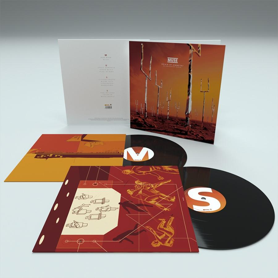 Albumcover mit Schallplatten und zusätzlichem Artwork. Muse's Origin of Symmetry.