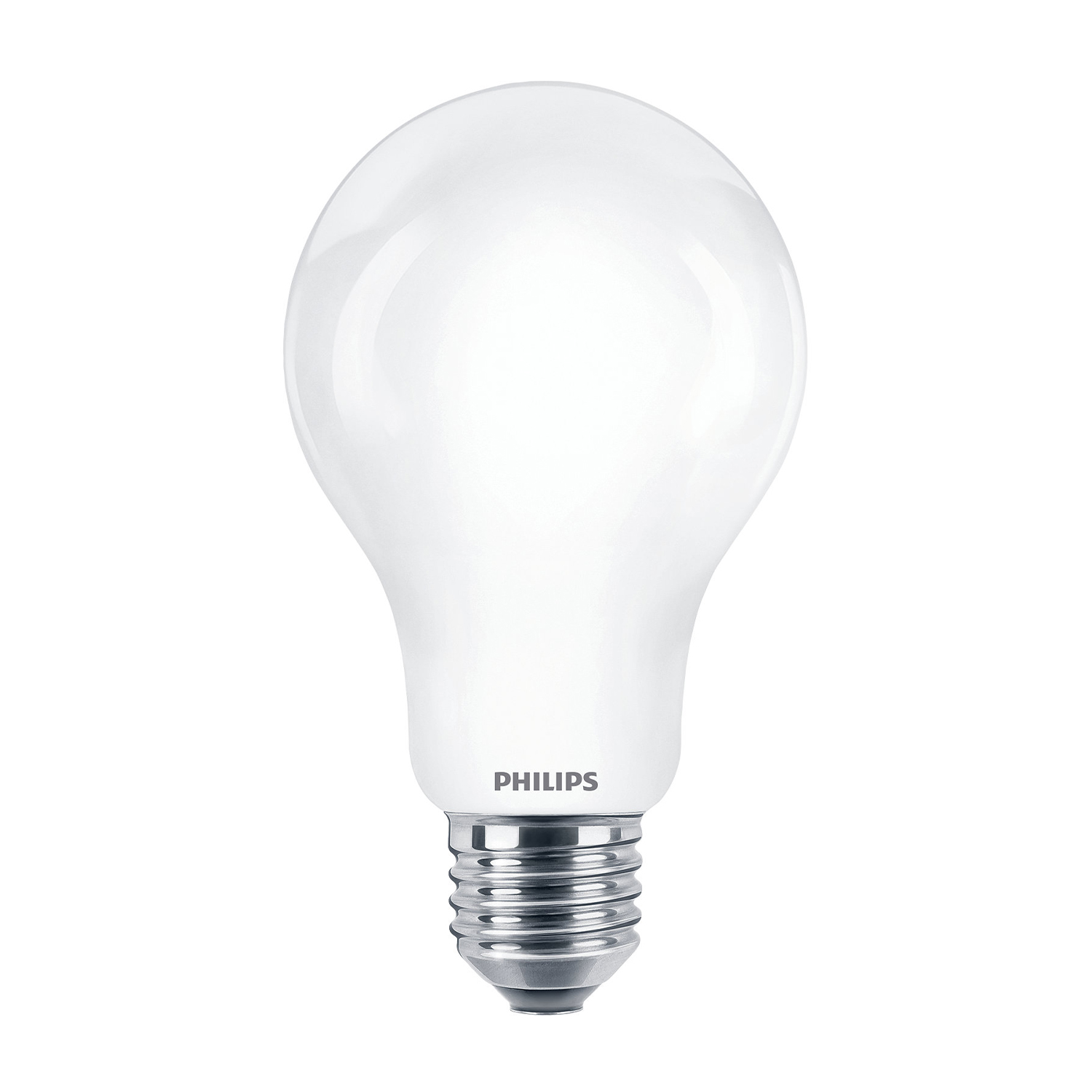 Lampadina Philips bianca con base argentata. Sfondo bianco.