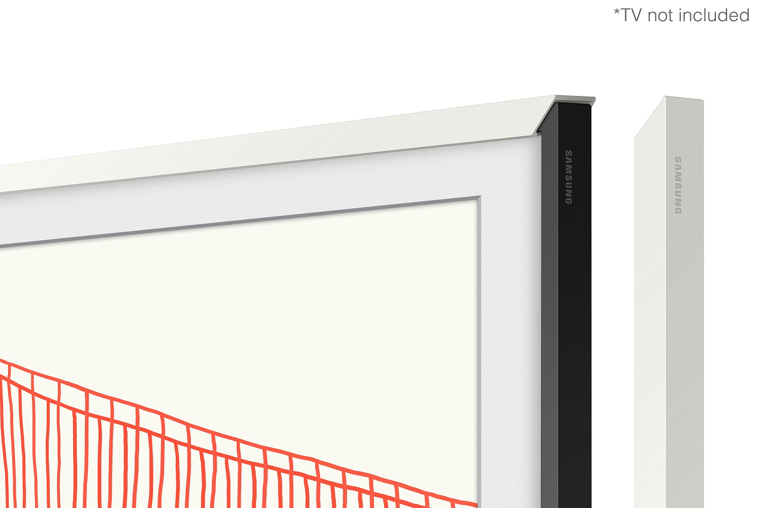 TV Samsung con marco blanco y diseño de puente rojo, y pieza de marco blanco separada.