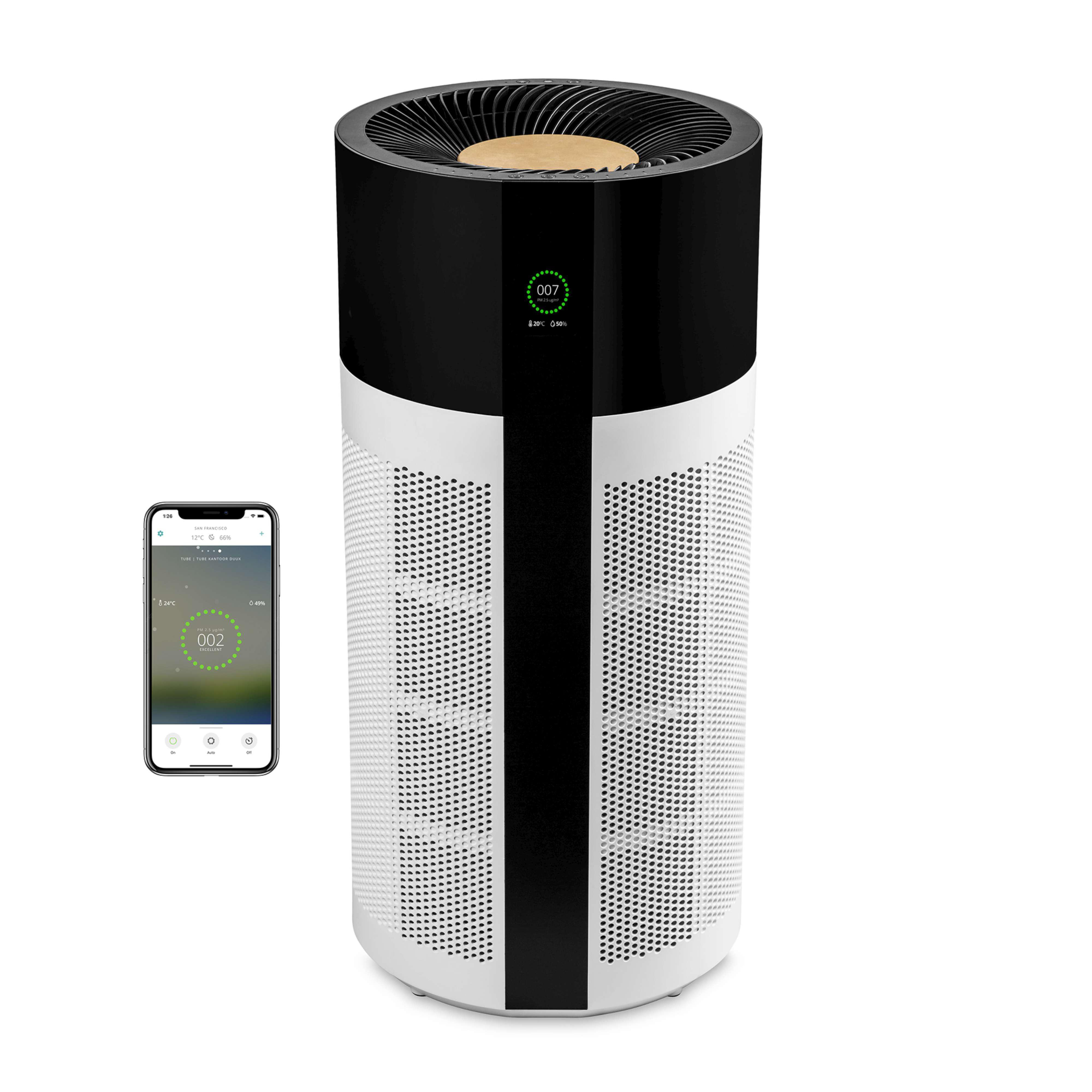 Luftreiniger mit schwarzem Oberteil, weißem Gehäuse und Bedienfeld mit Telefon.