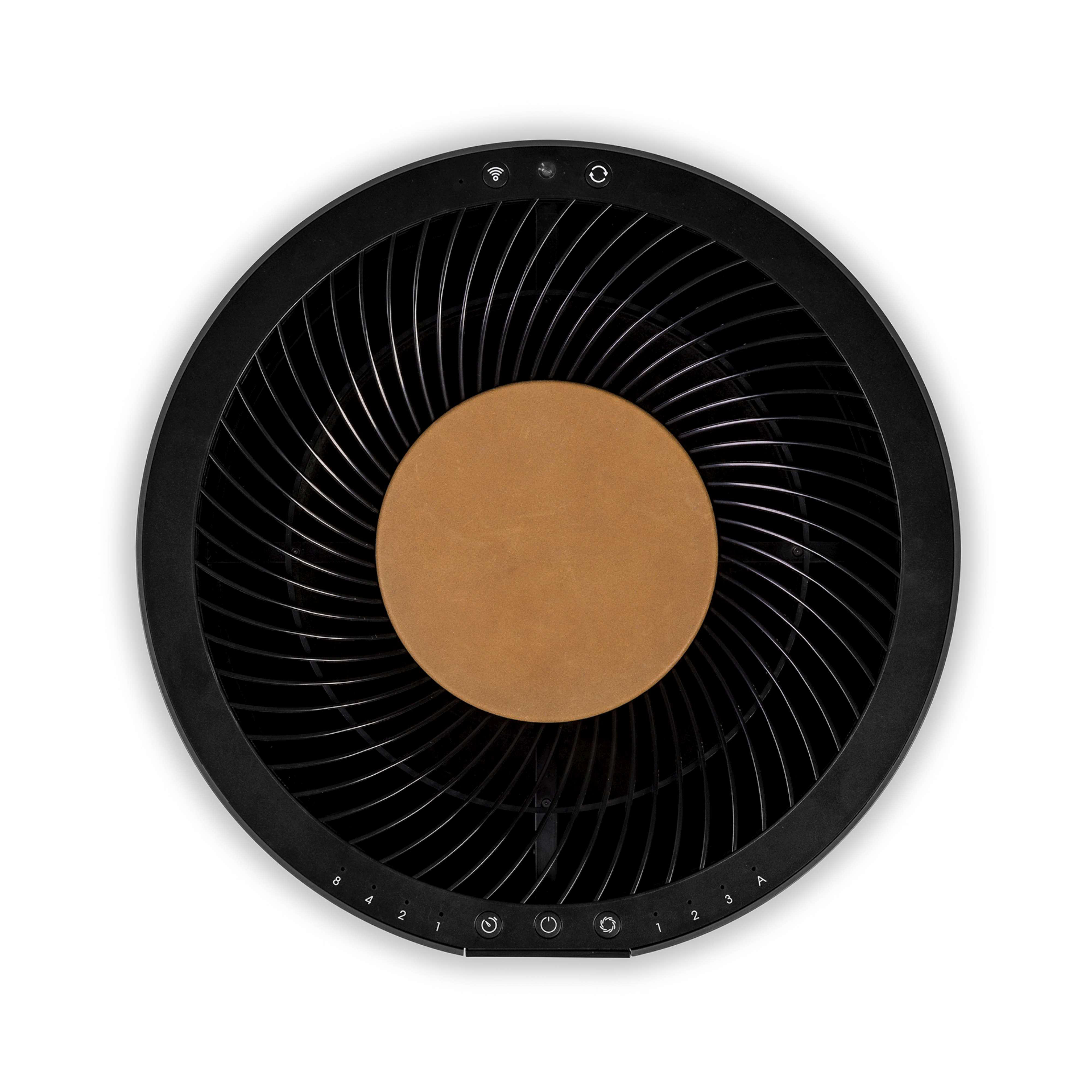 Schwarzer Ventilator mit brauner Mitte.