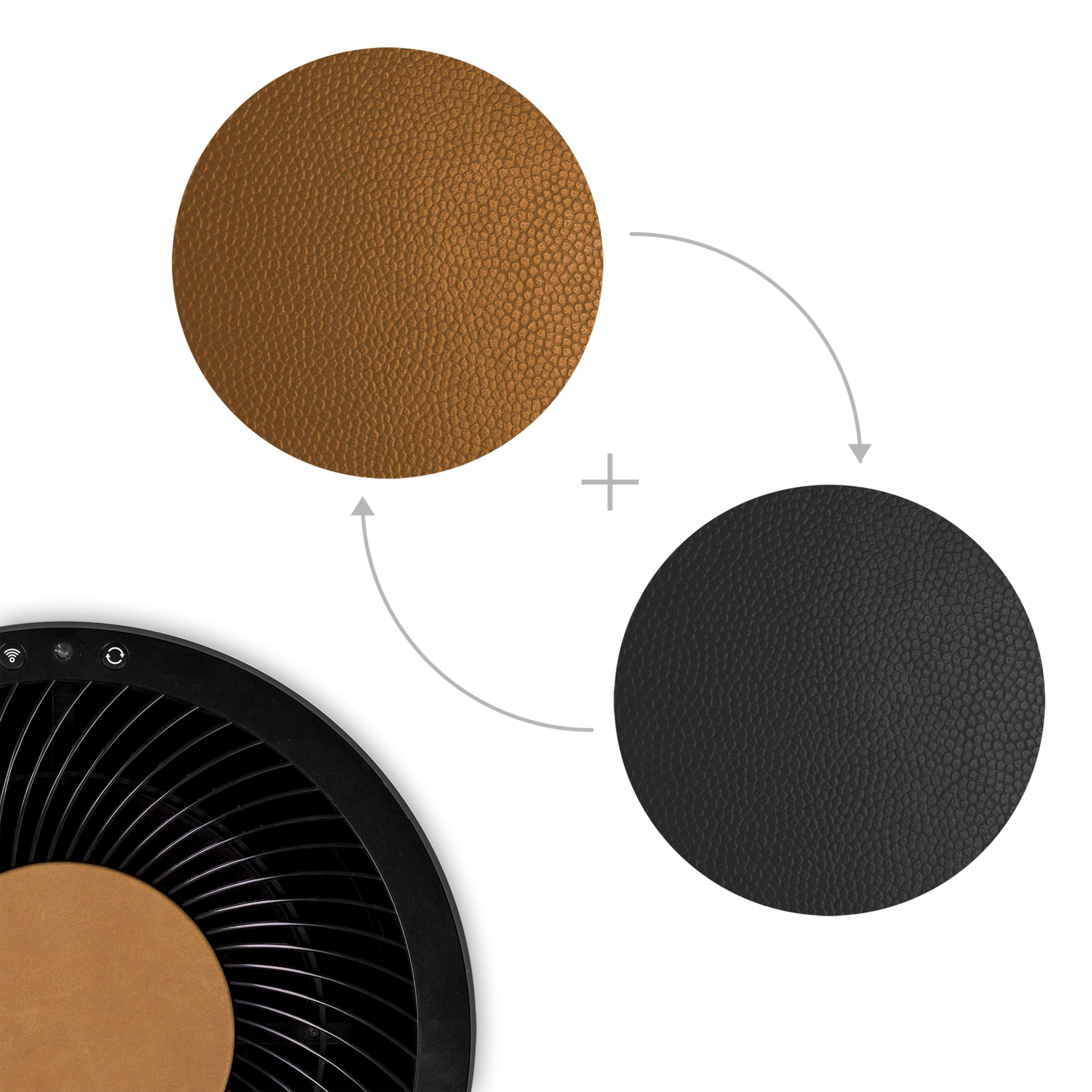 Ein schwarzer Ventilator mit einer braunen und schwarzen strukturierten Oberfläche.