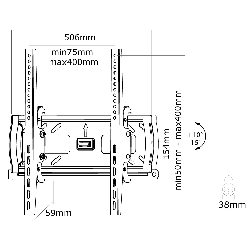 Diagram of a TV wall mount with dimensions in millimeters. Includes measurements for width, height, and tilt angles, with a lock symbol.