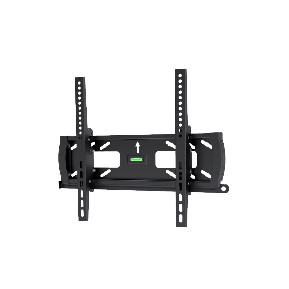 A black TV wall mount with two vertical rails and a horizontal component. It includes a level indicator and an arrow pointing upward.
