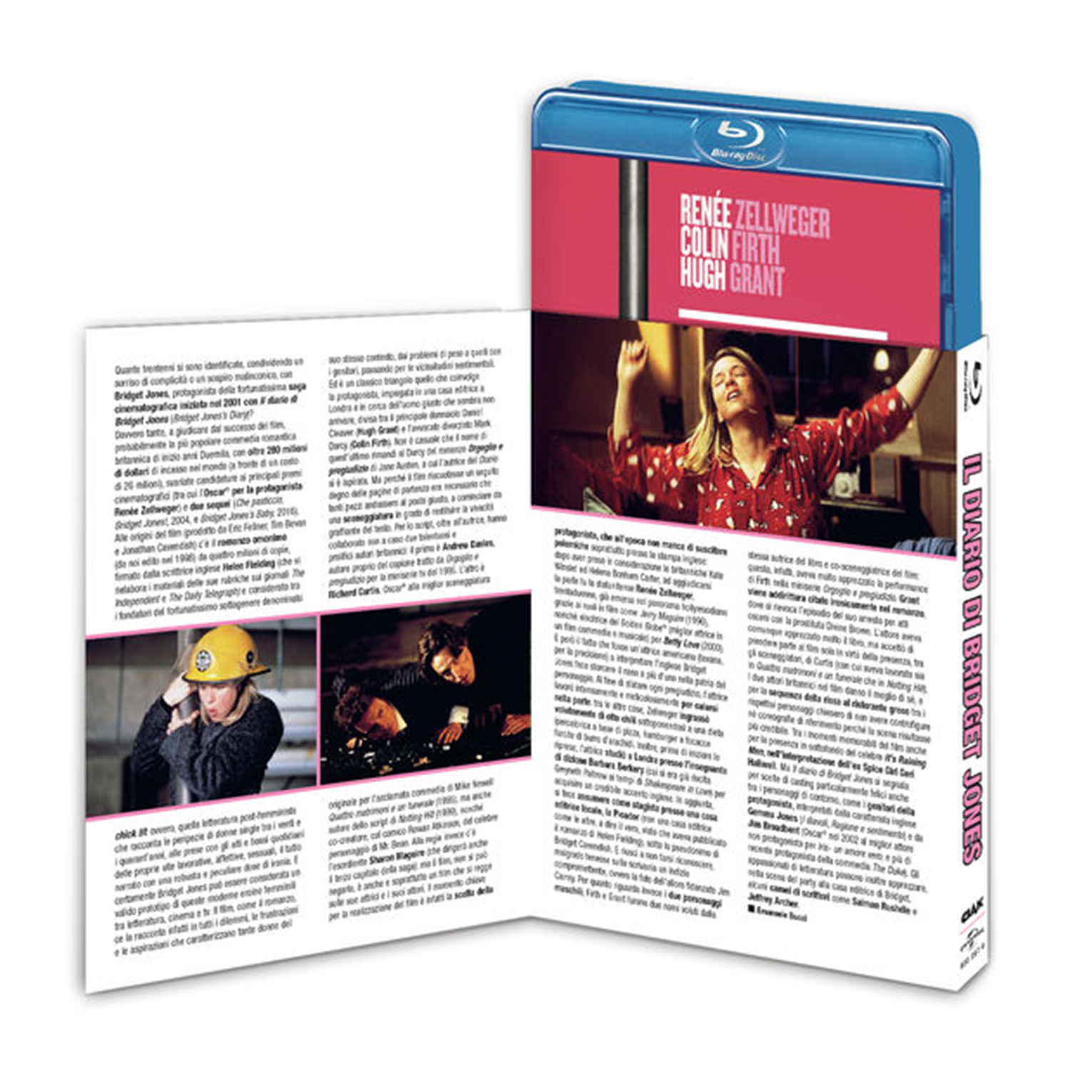 Custodia Blu-ray aperta con fotogrammi e testo del film. Una foto mostra una donna con le braccia alzate. Il titolo è 'Bridget Jones'.