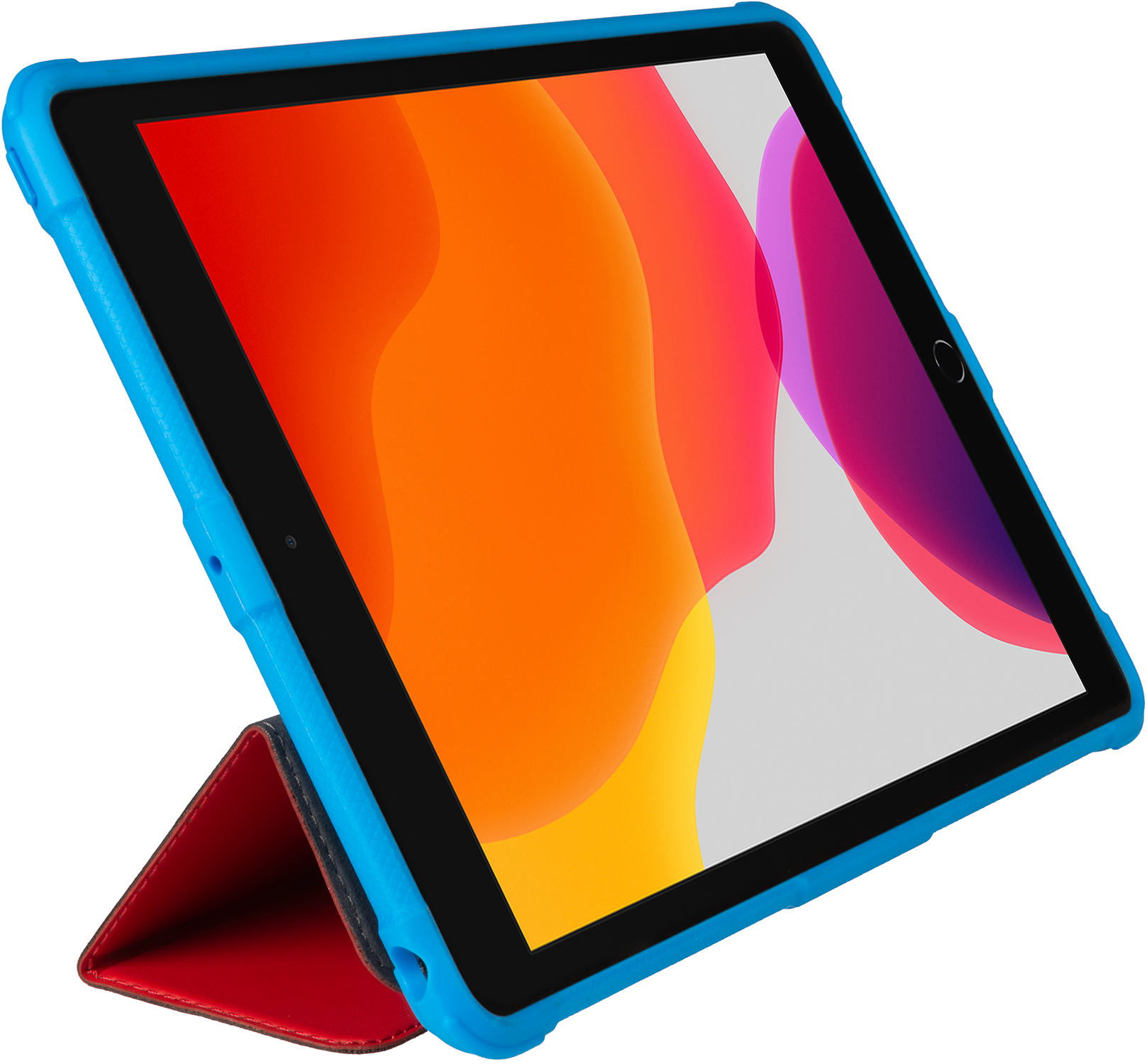Tablet in a blue case with a red stand. The screen displays a colorful abstract image.