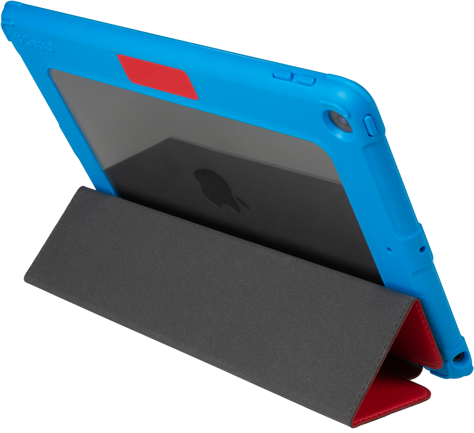 Blue tablet case with a red accent and a gray stand. The screen shows the Apple logo.