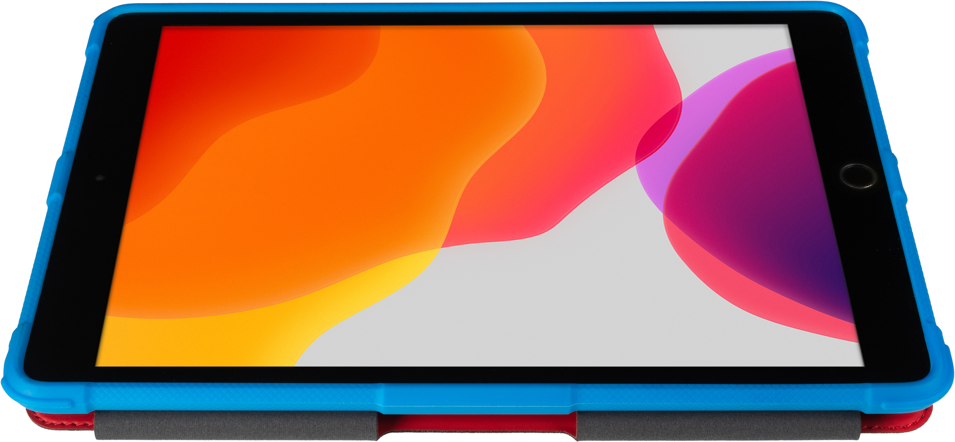 iPad in a blue protective case. The screen displays a colorful abstract pattern.