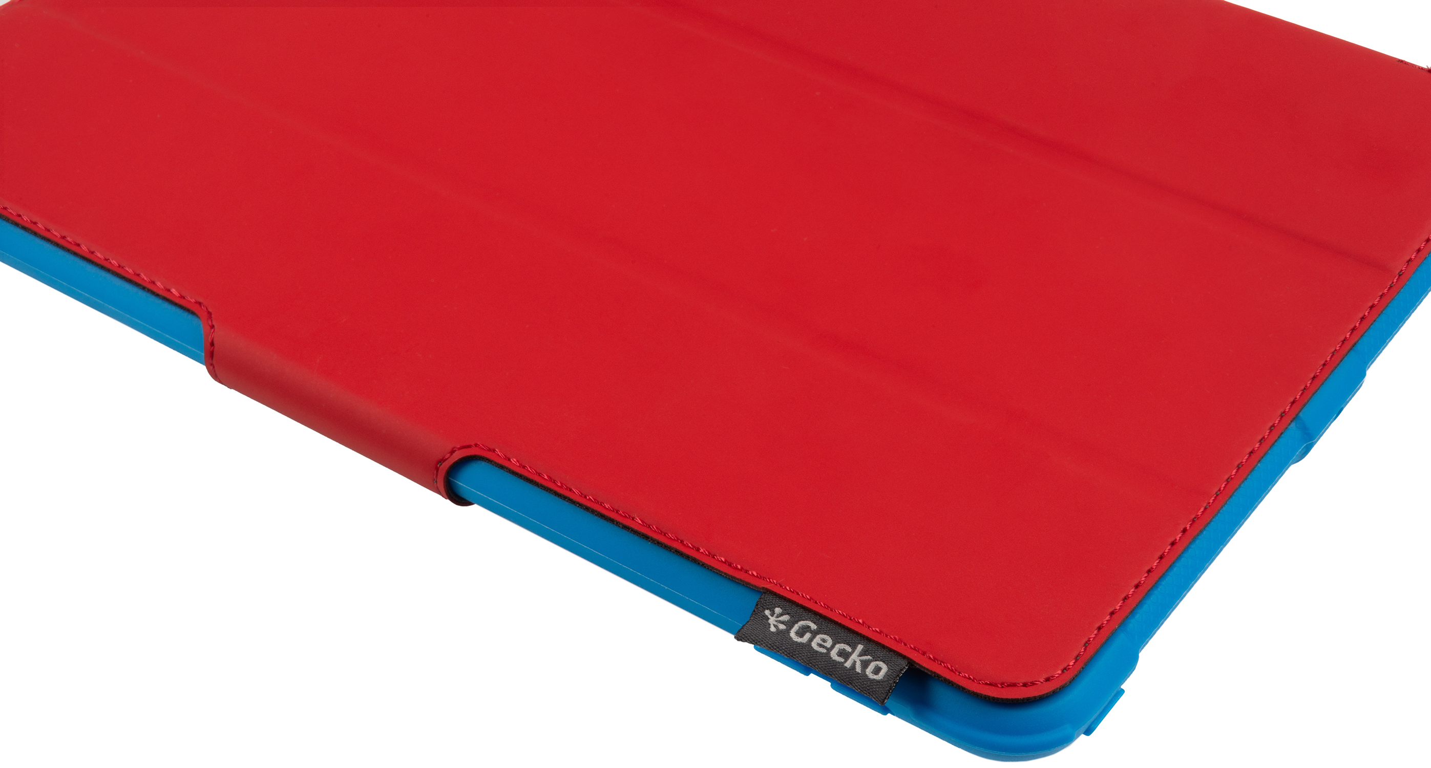 Red tablet cover with blue border and a Gecko logo in the corner.