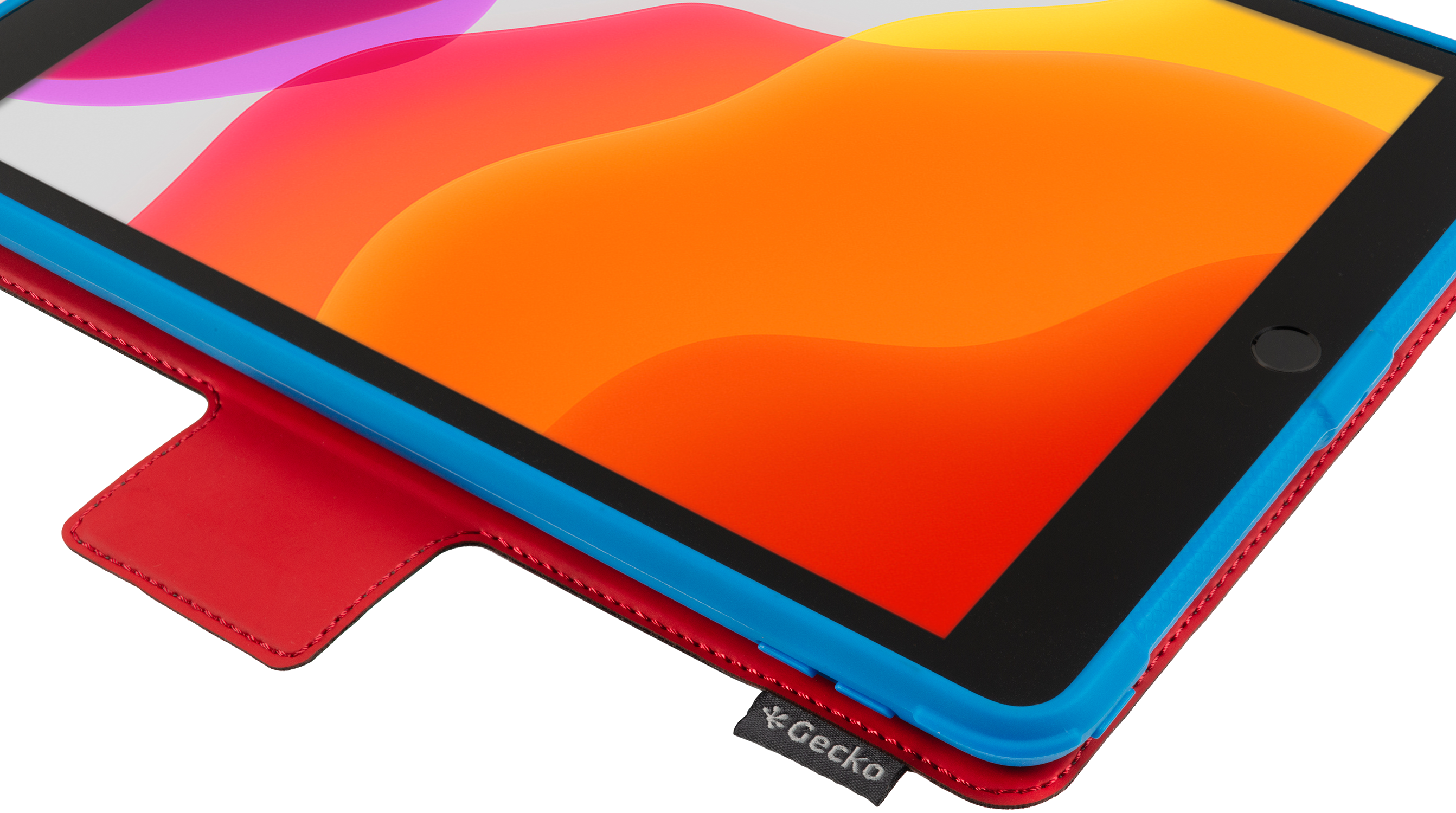 Tablet in a red, blue, and black case, with a red cover folded open.