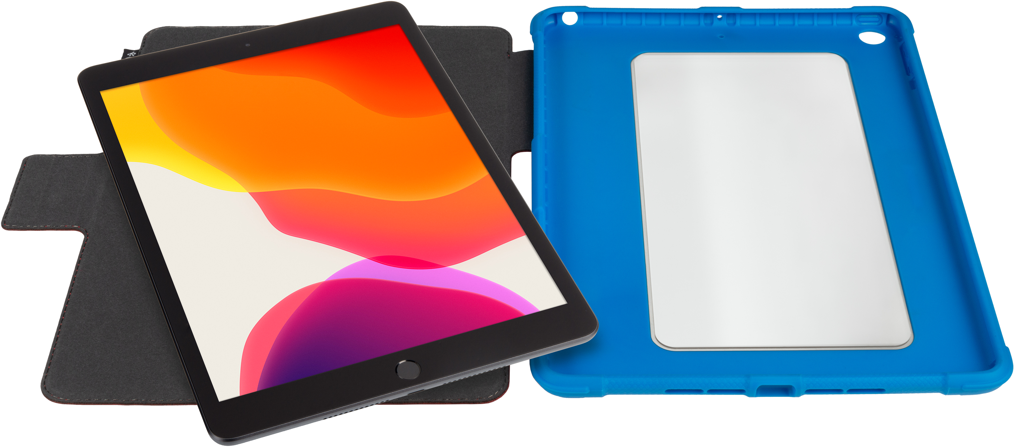 An iPad in a blue case, displayed open next to its cover.