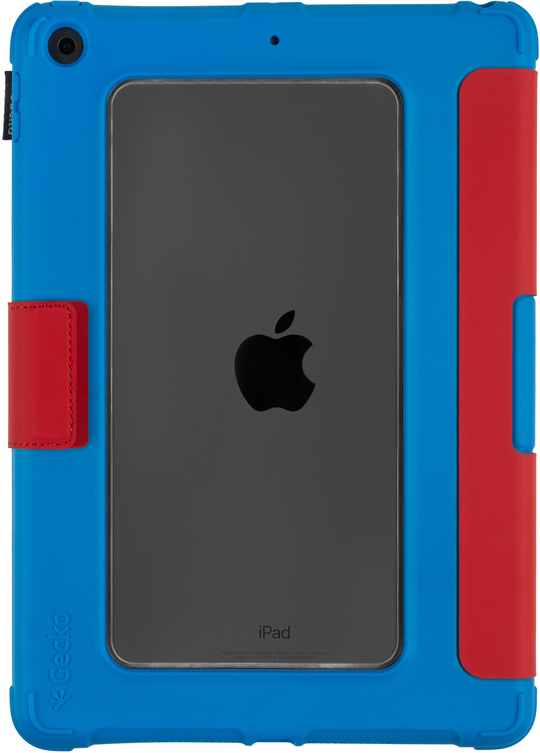 Blue iPad case with a red side, holding an iPad with a black screen and an Apple logo.