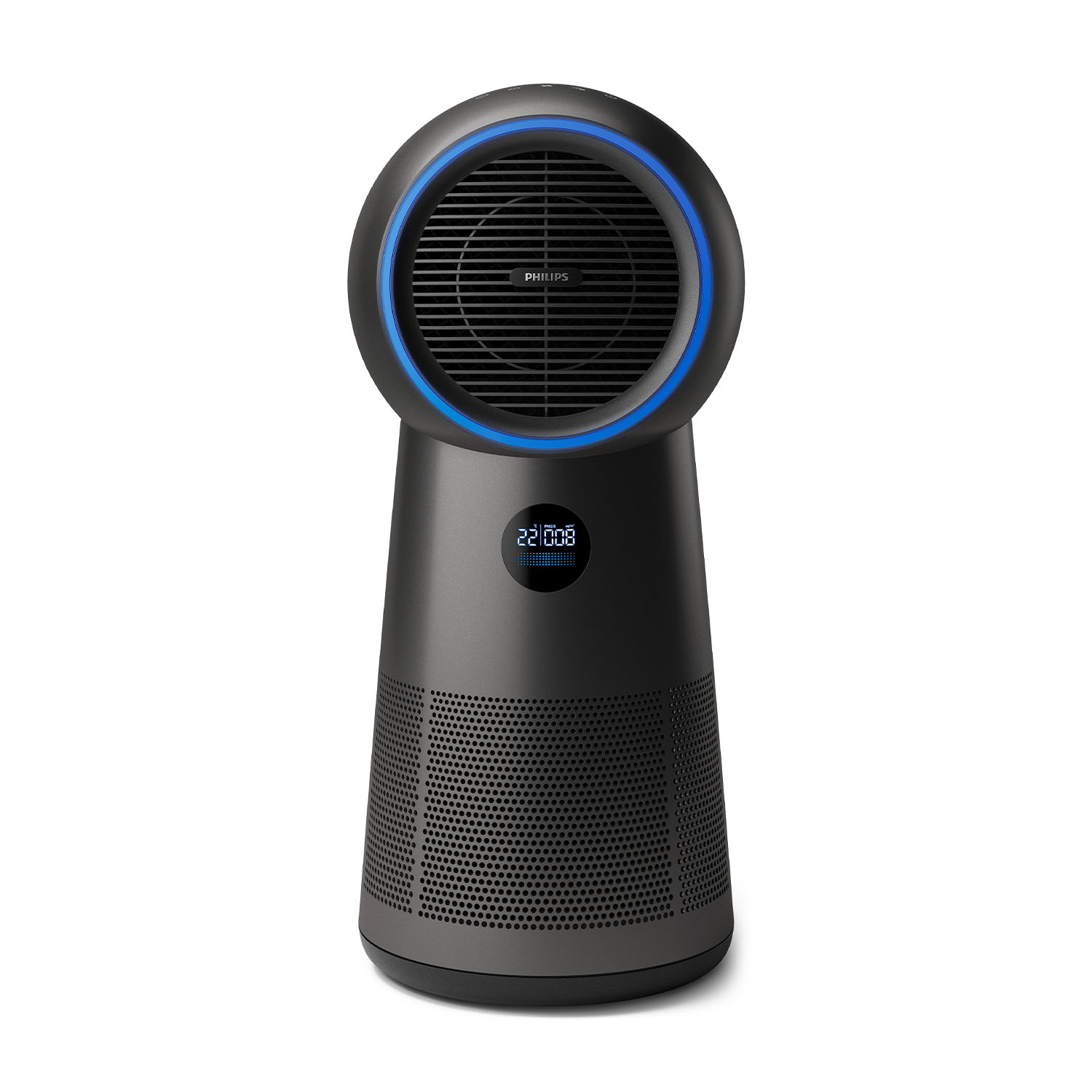 Purificatore d'aria nero e grigio con anello luminoso blu e display digitale.