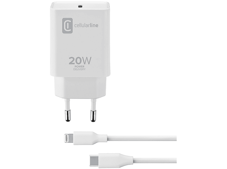 Caricabatteria Cellularline Usb-C Charger Kit 20W da 20W, Bianco