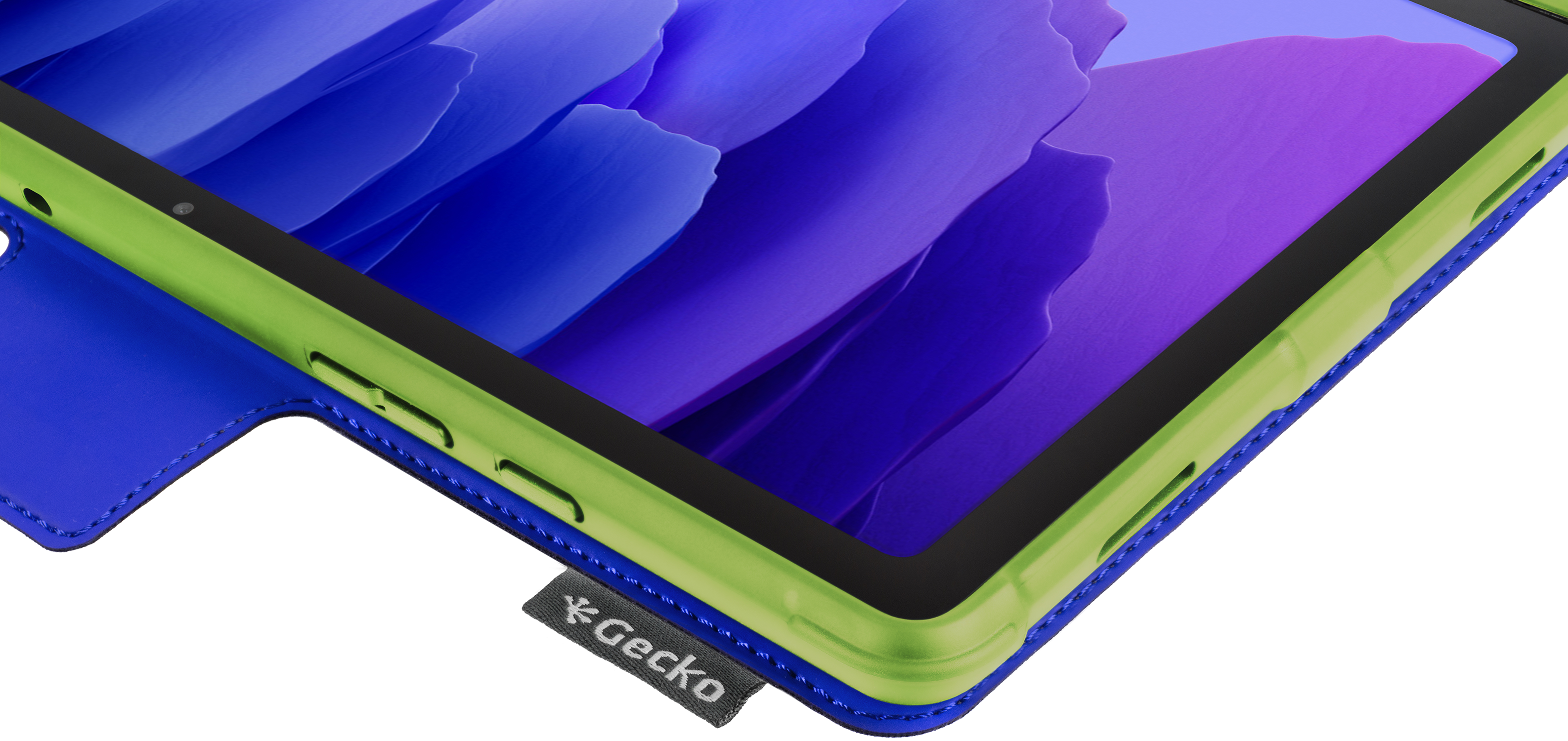A tablet with a blue case and a green frame. It is on a white background.