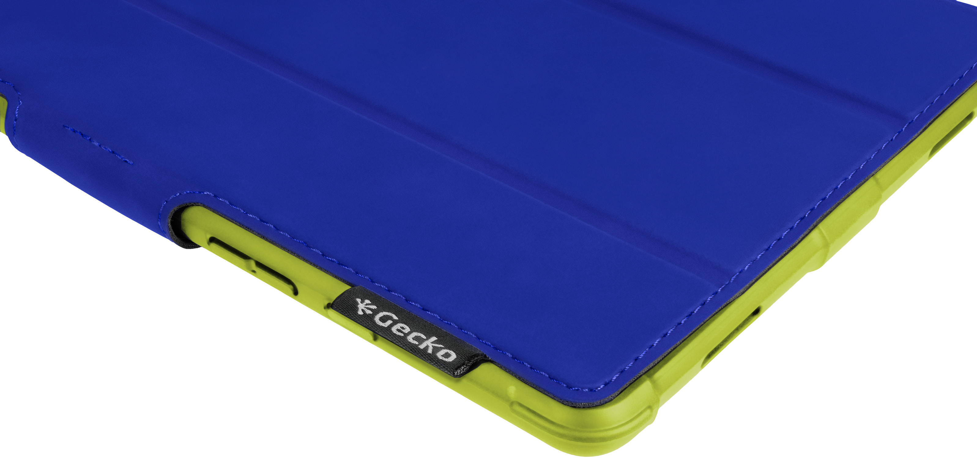 A blue and green tablet case, open, with the brand 'Gecko' visible on a black tag.