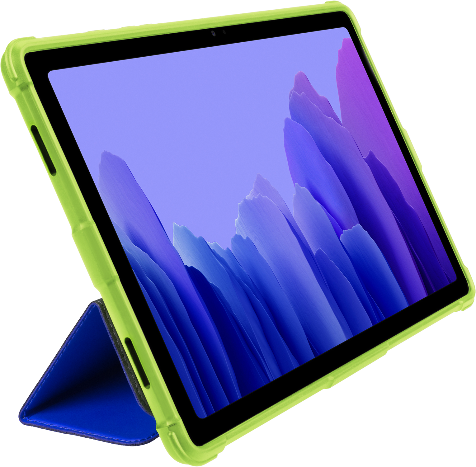 A tablet with a green case and blue stand. The screen displays a colorful image.