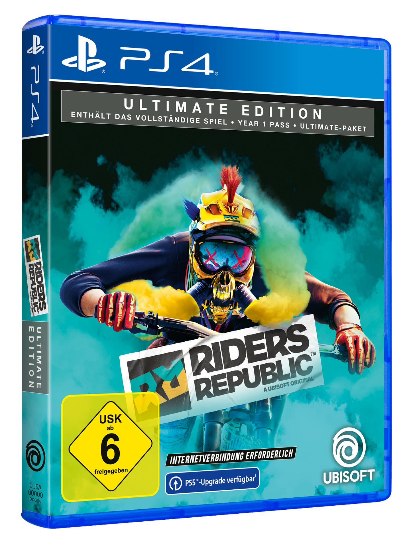 PS4-Spielbox für 'Riders Republic: Ultimate Edition'. Box ist blau mit Spielgrafiken.