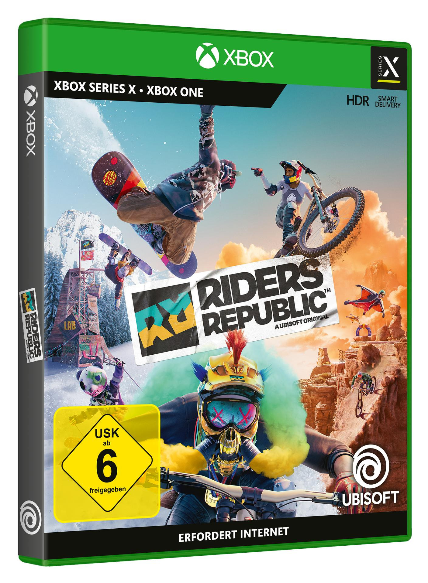 Riders Republic Spiel-Box-Art. Enthält Snowboarder, Biker und andere Sportler in Aktion.