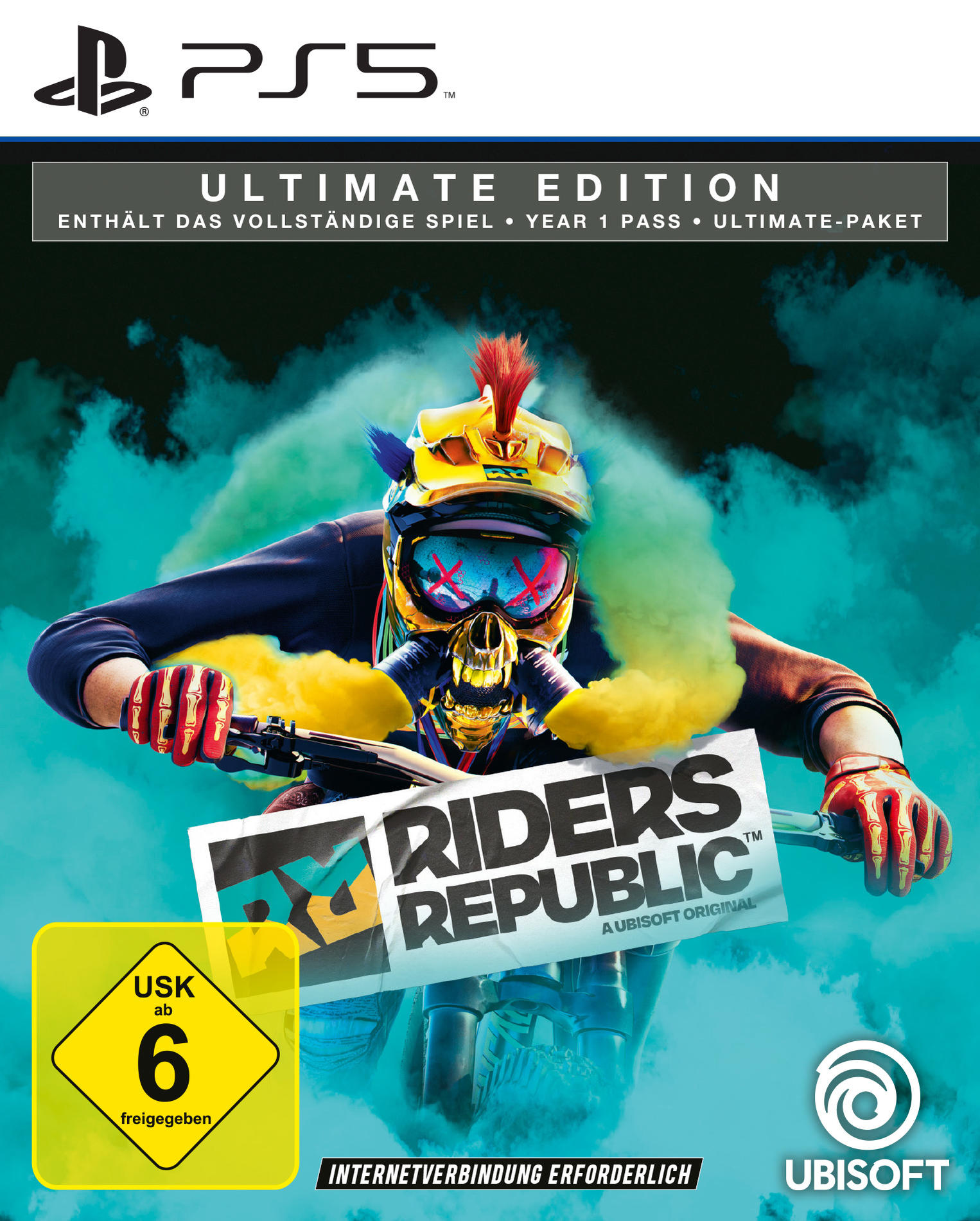 PS5-Spielcover für Riders Republic, mit einem Fahrer mit gelbem Helm und dem Spieltitel.