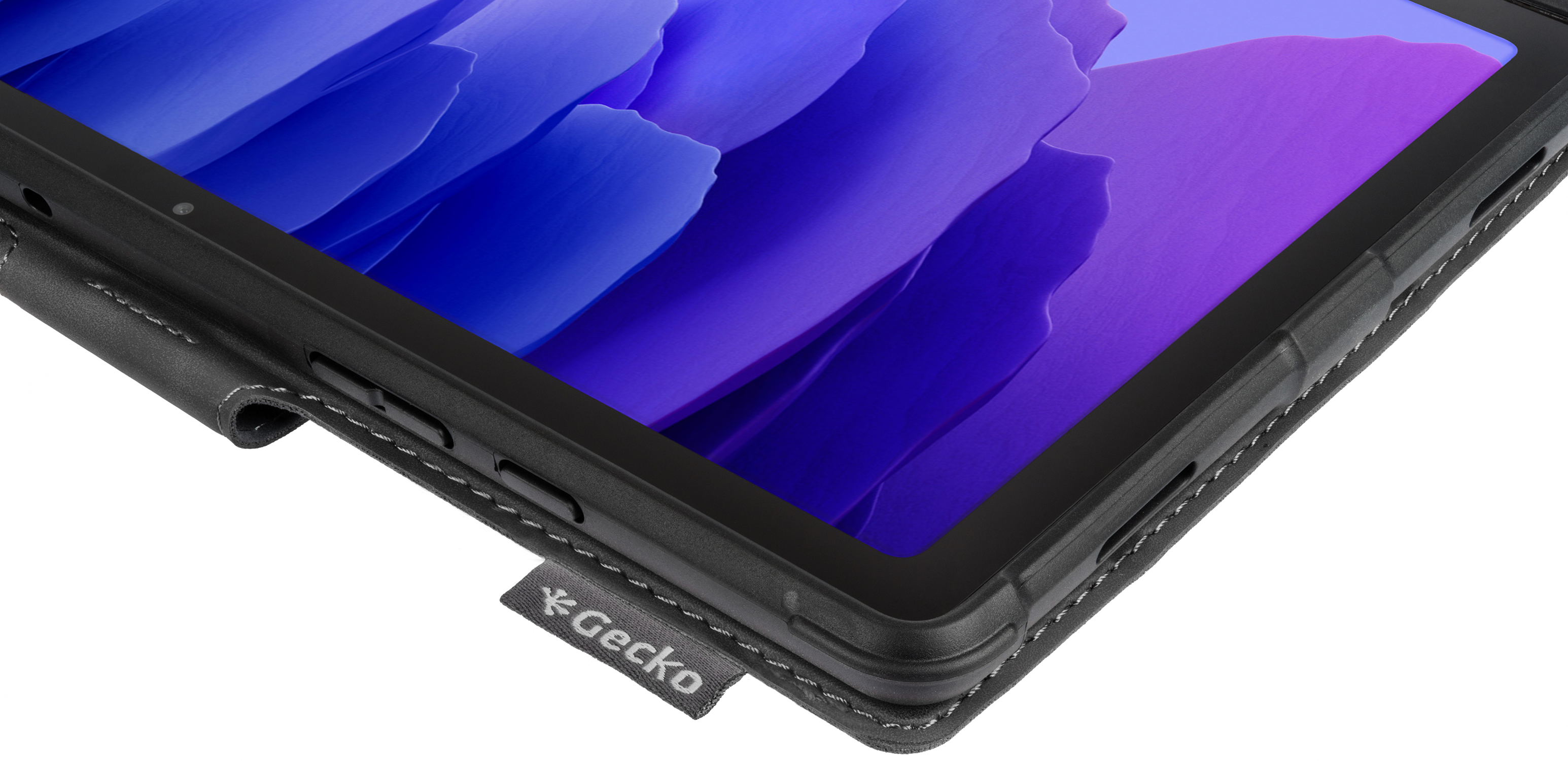 A close-up of a tablet in a black case. The tablet's screen is visible, displaying a purple image.