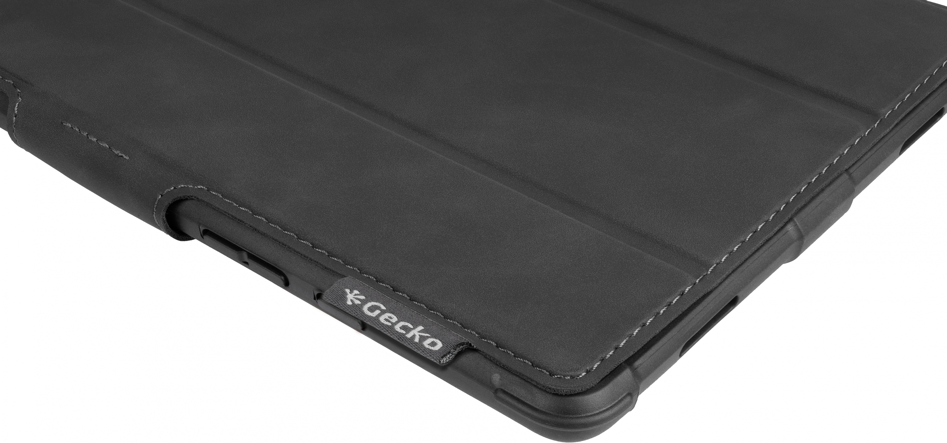 Black tablet case. 'Gecko' logo at the bottom. Gray stitching.
