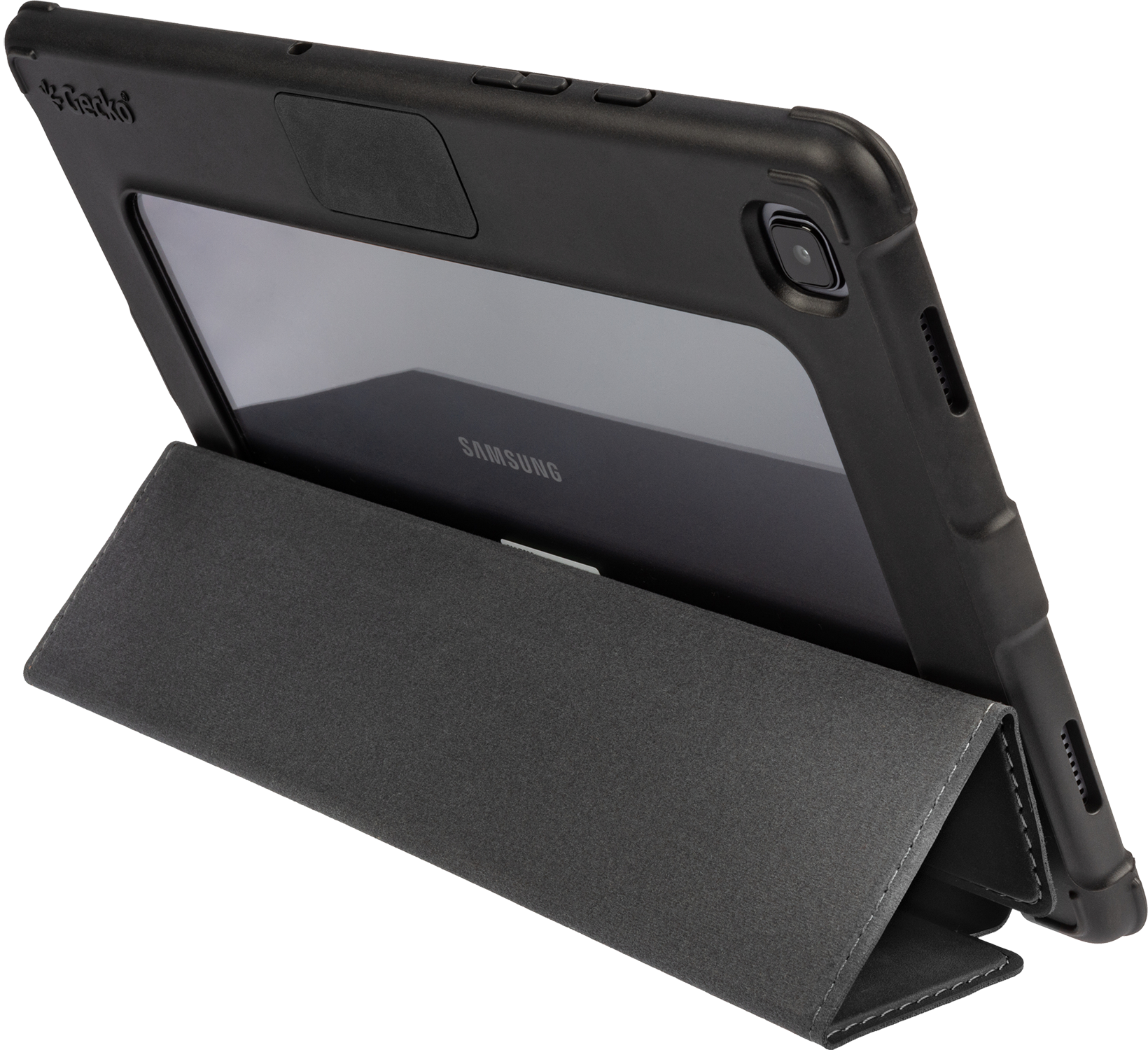 Black tablet in a case, with a grey cover folded to support the device.