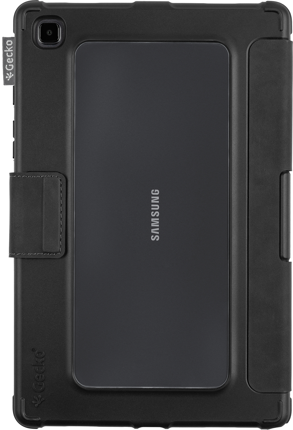 Black tablet case with Samsung logo, a side flap, and Gecko branding.