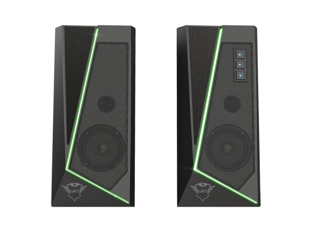 Dos altavoces negros con detalles verdes, el logo de Trust y botones de control.