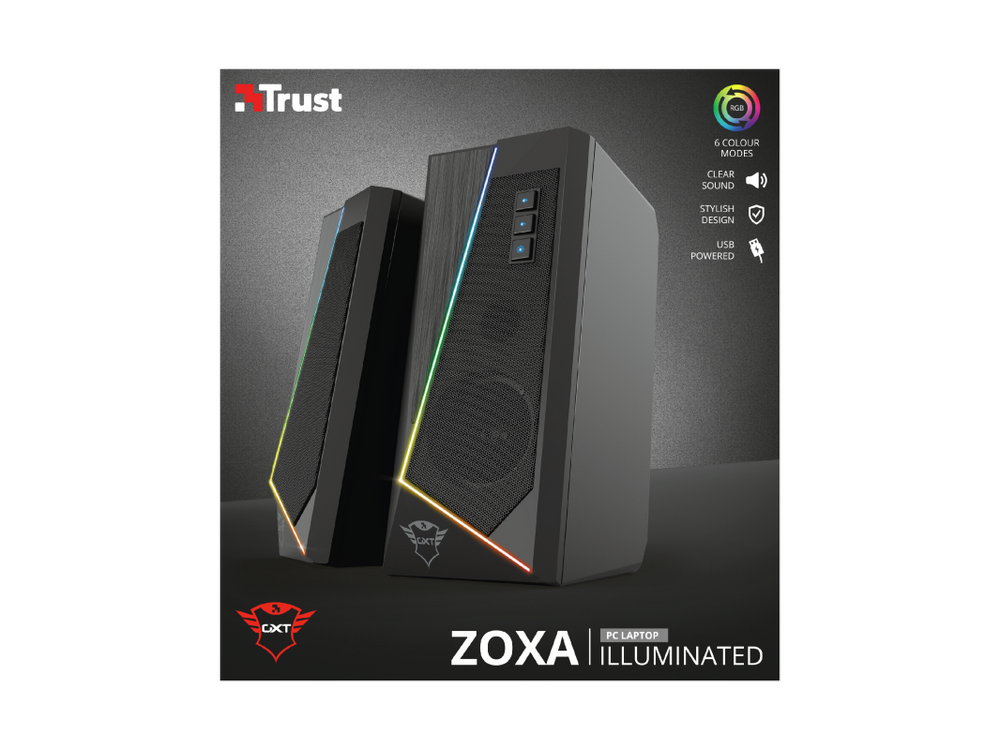 Dos altavoces de ordenador negros con luces coloridas y el logo de Trust.