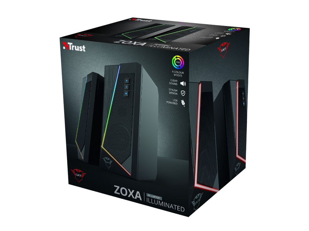 Una caja negra con altavoces y el texto 'ZOXA ILLUMINATED'. La caja tiene un logo de Trust.