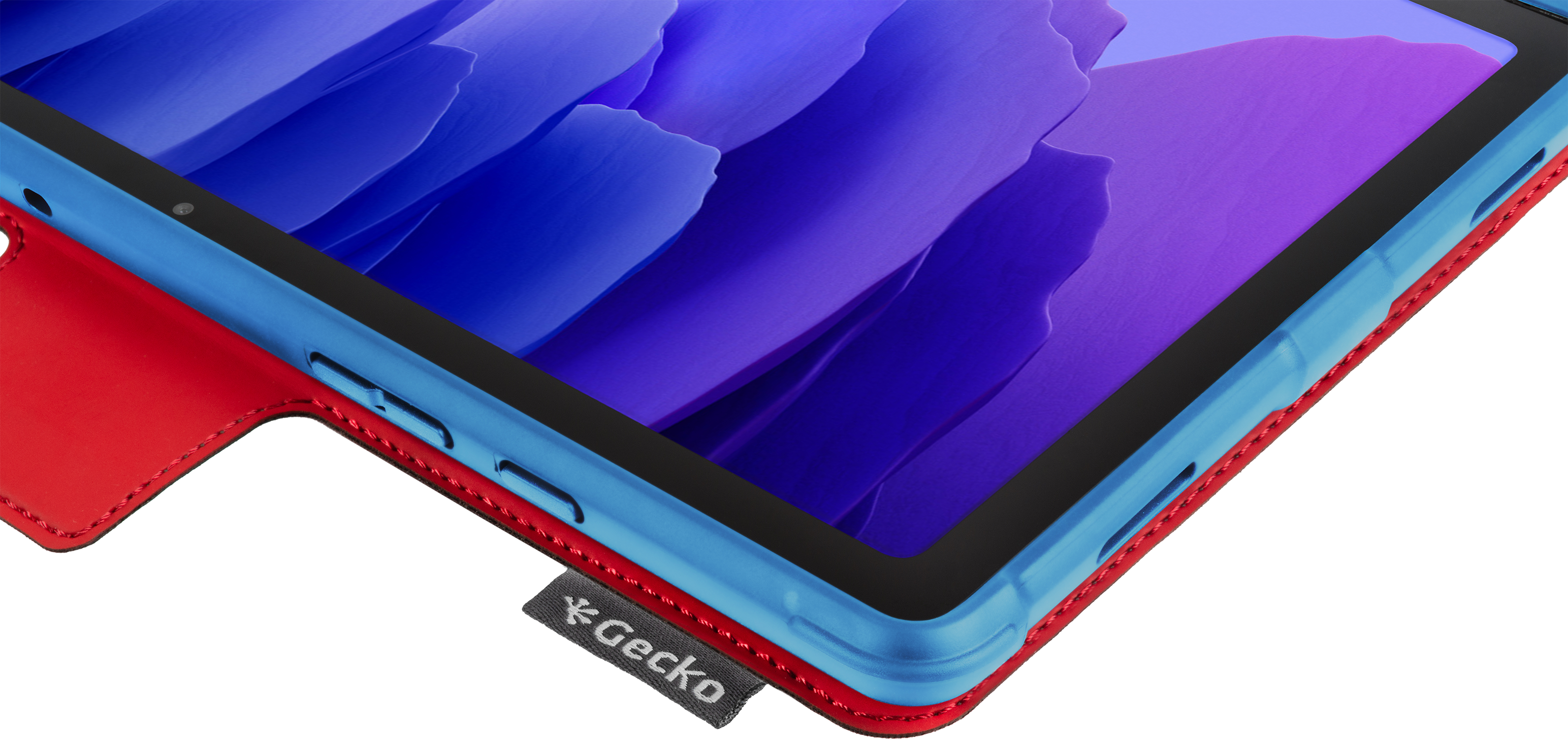 Tablet in a blue and red case, Gecko logo.