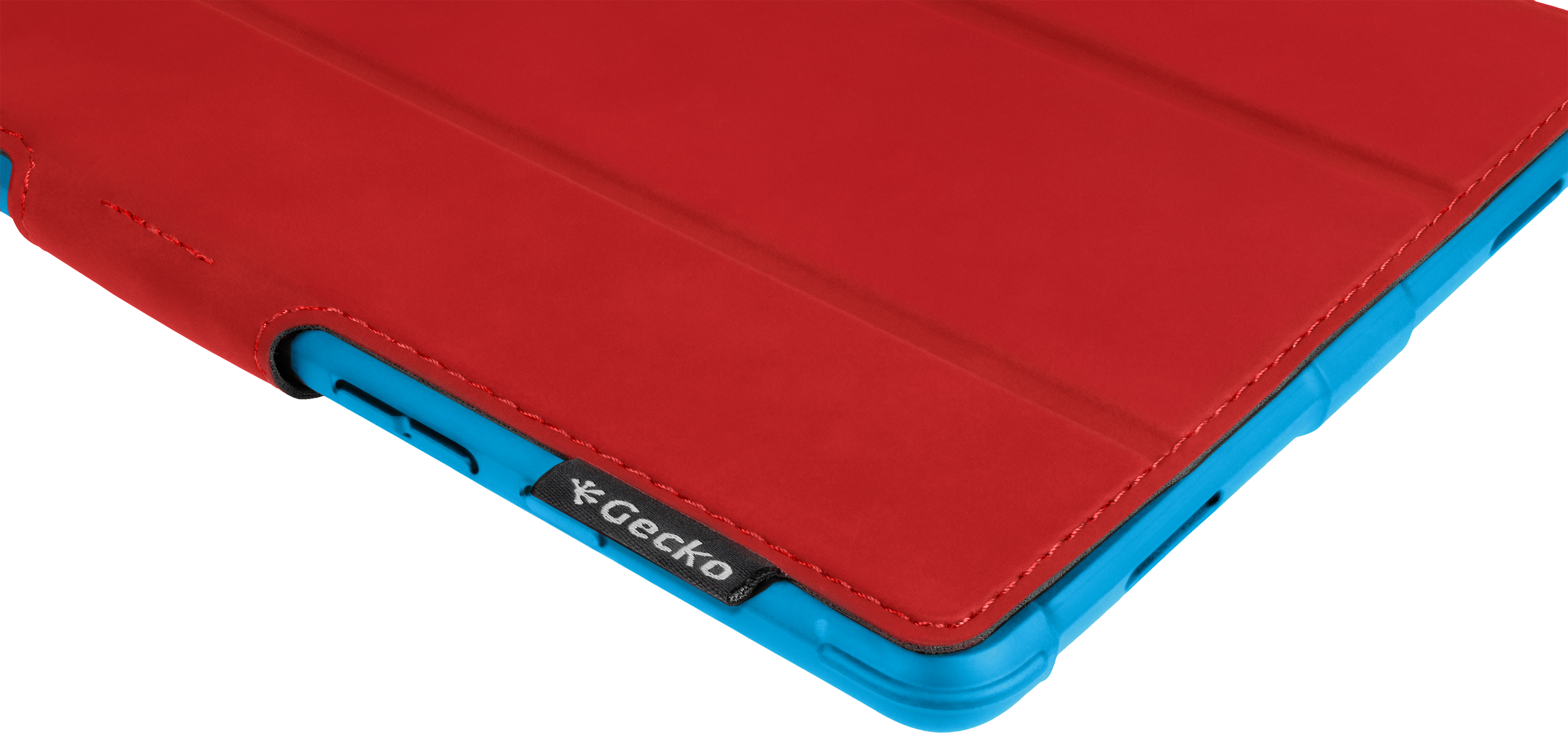 A red Gecko tablet case with a blue frame, the Gecko logo is visible.