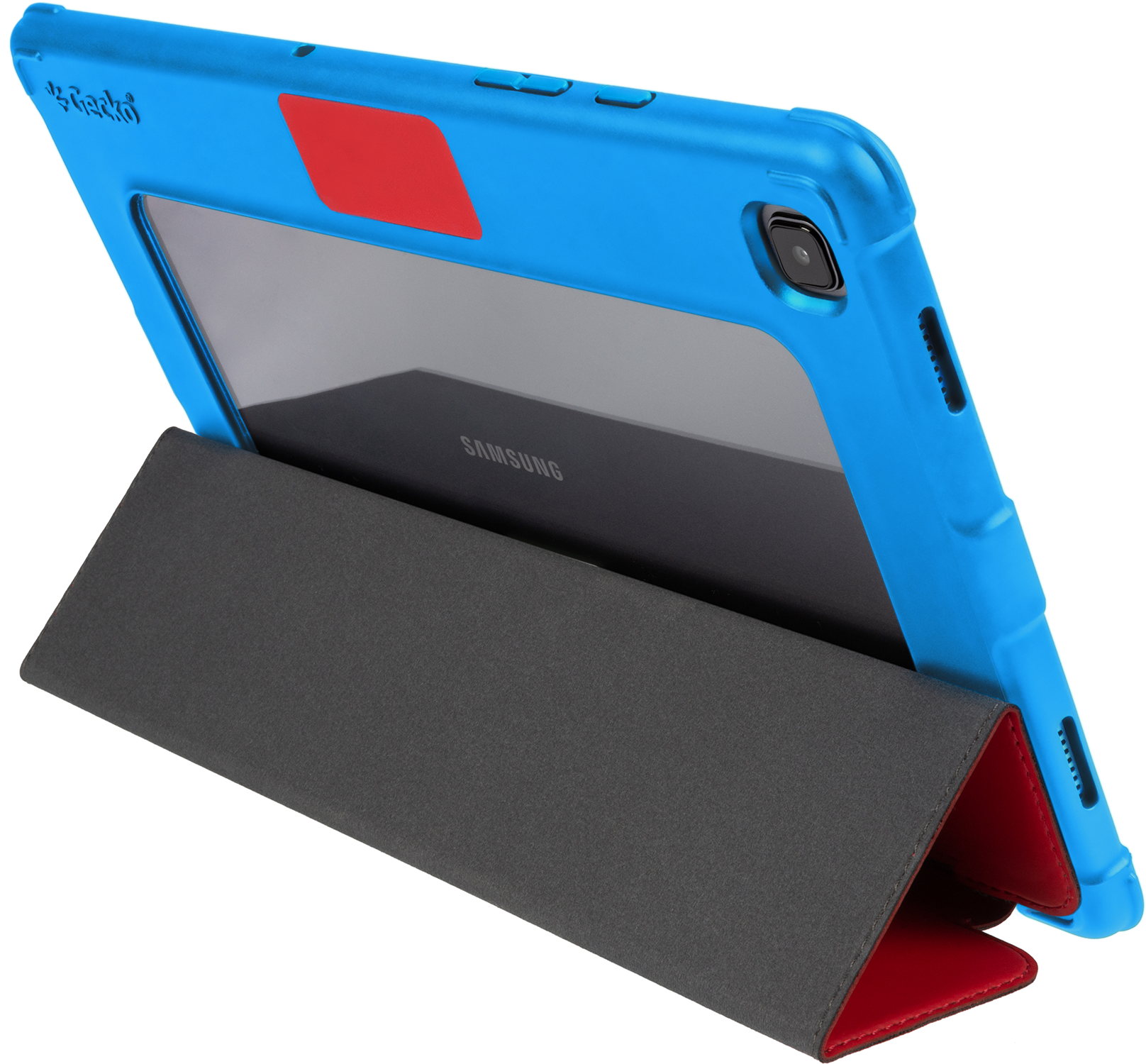 Blue and red tablet case with a tablet inside. The case is open, showing the screen.