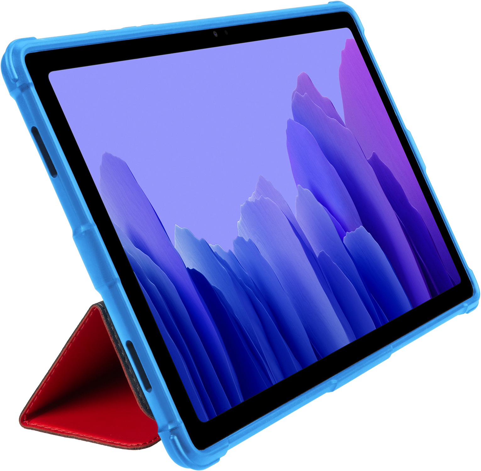 A blue tablet in a blue protective case, supported by a red stand.