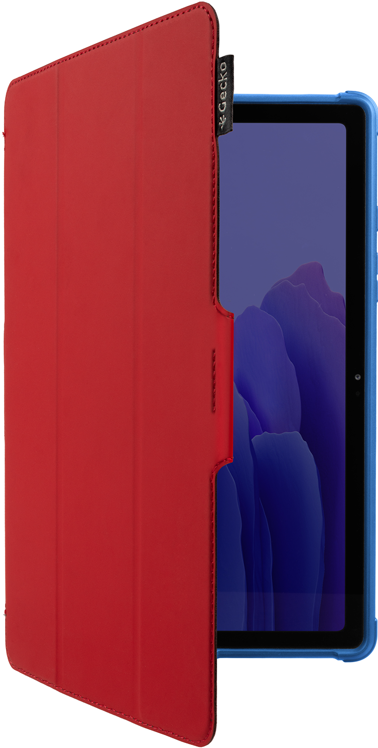 A red tablet case with the tablet partially open. The tablet is blue, and the case is red.