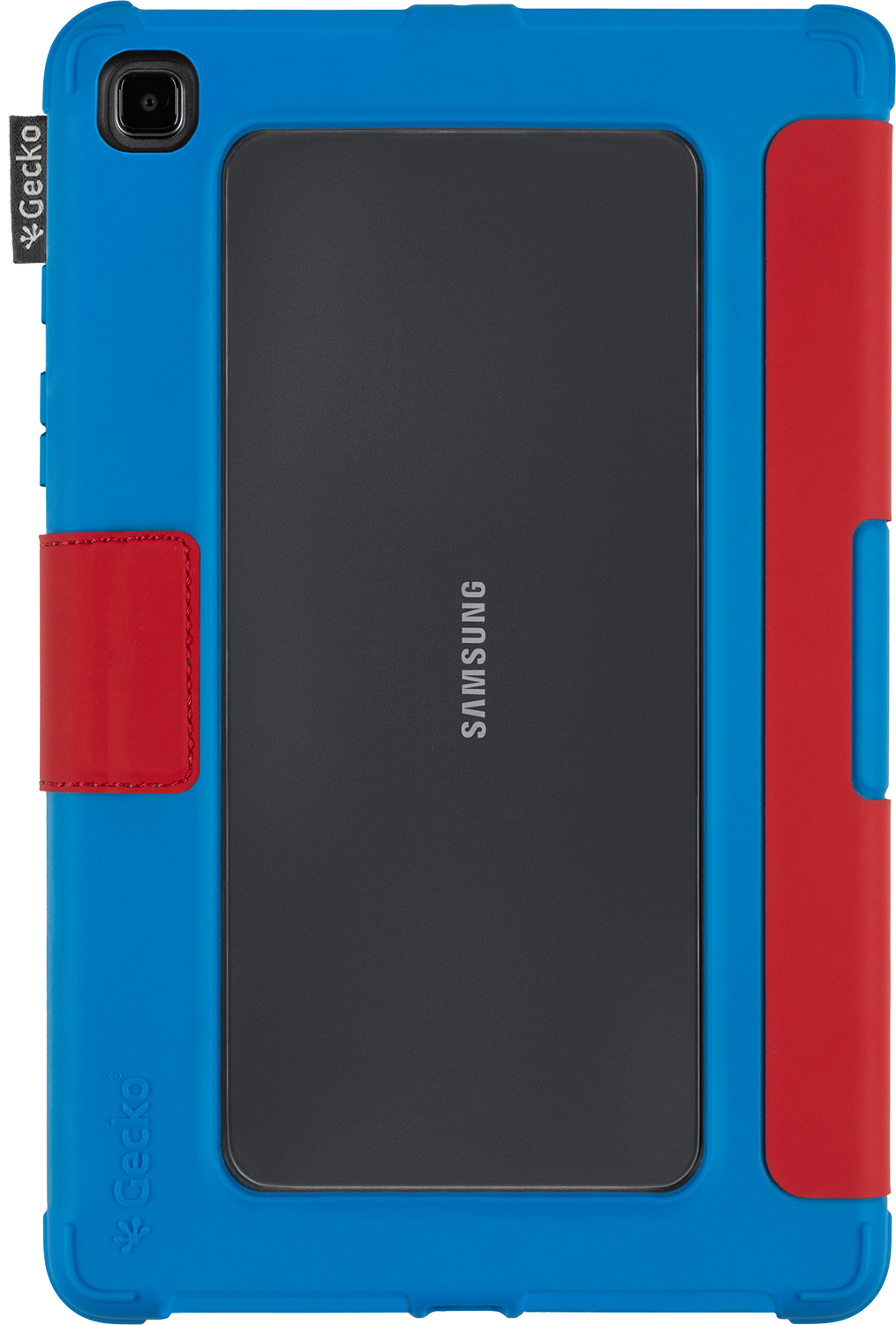 A blue tablet case with red accents. A black tablet is inside. White background.