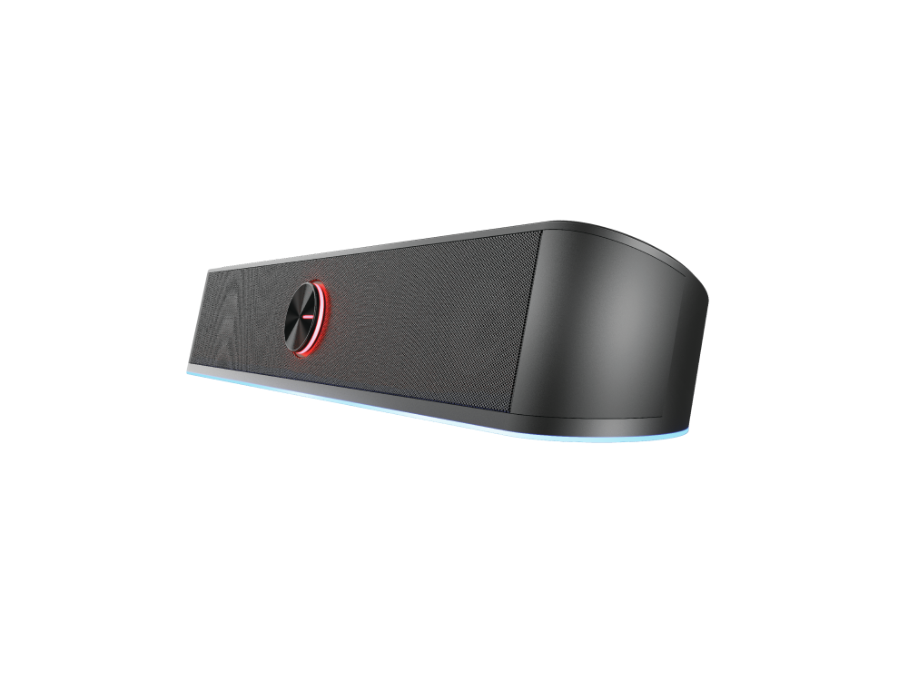 Barra de sonido negra con frontal de malla gris, luz roja y diseño curvo. Sobre fondo negro.