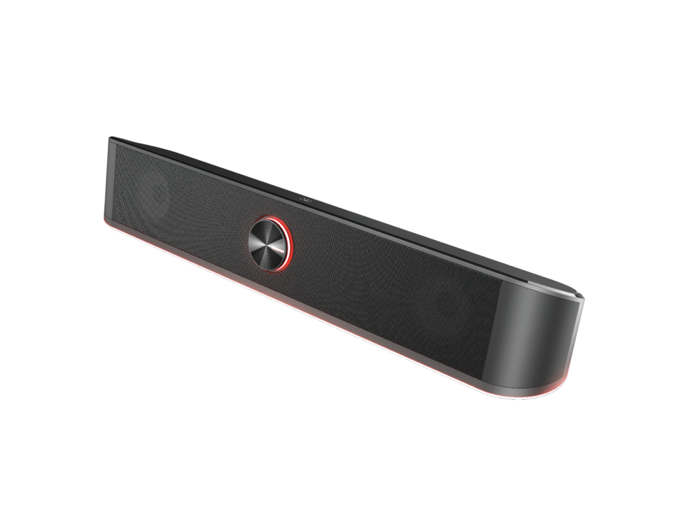 Una barra de sonido negra con una base iluminada en rojo, que presenta un botón circular central y una rejilla de altavoz.