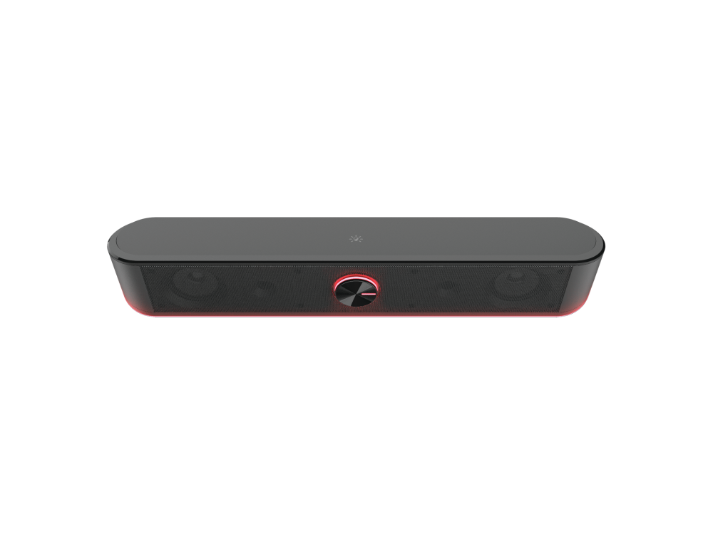 Barra de sonido negra con detalles rojos, sobre fondo negro.