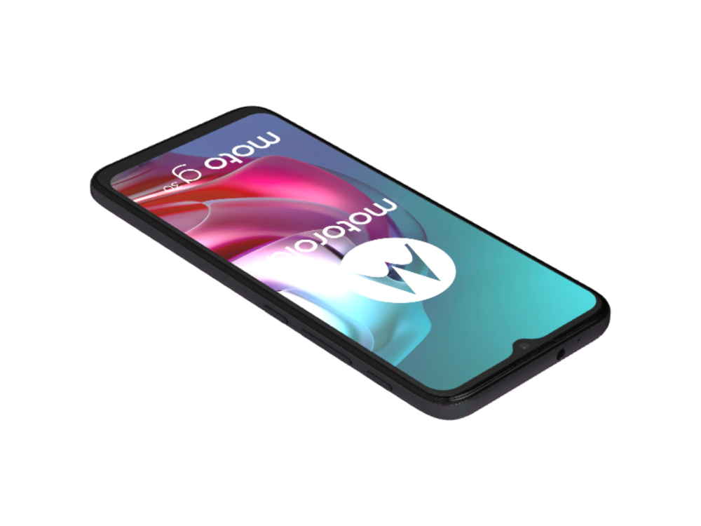 Un teléfono inteligente negro con una pantalla que muestra el logotipo de Motorola sobre un fondo blanco.