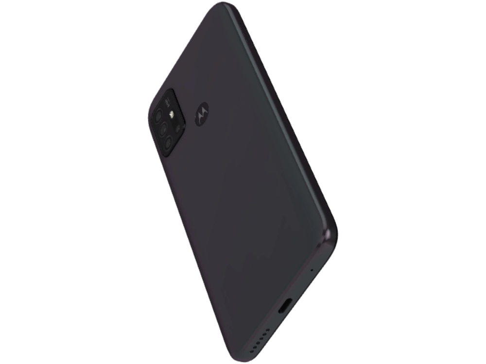 Smartphone negro desde un ángulo. Lado trasero visible, con módulo de cámara.