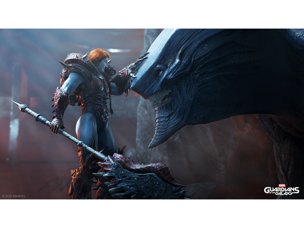 Una mujer de piel azul con armadura se enfrenta a un gran monstruo en una escena de videojuego.