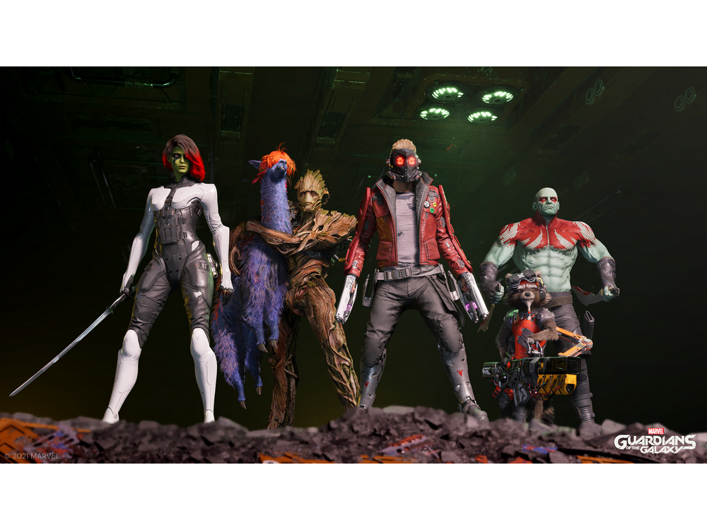 El equipo de Guardianes de la Galaxia, de pie juntos en un entorno de ciencia ficción.
